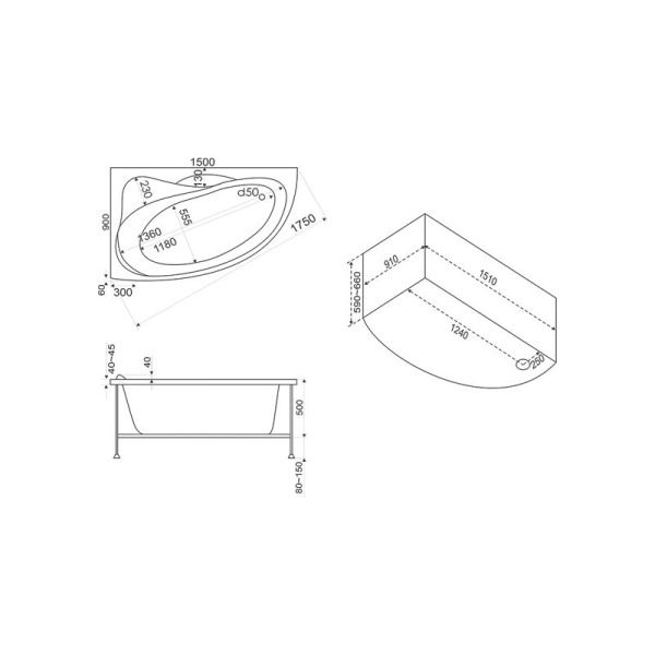 Ванна акрил "Вектра" 150х90 левая с каркасом