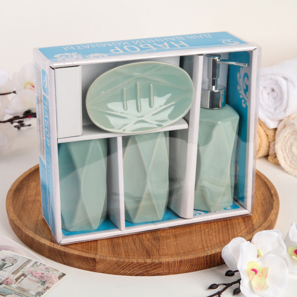 Набор для ванной керамика "Геометрия", 4 предмета, зеленый